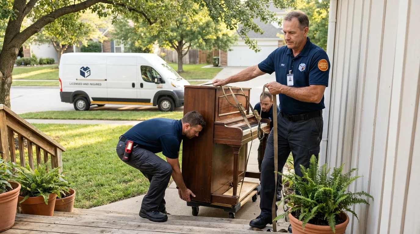 Licensed piano movers securing grand piano in Wofford Heights, CA