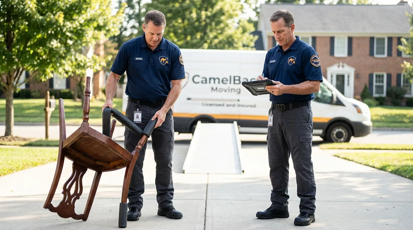 Movers inspecting furniture for damage prevention before loading in Wofford Heights, CA