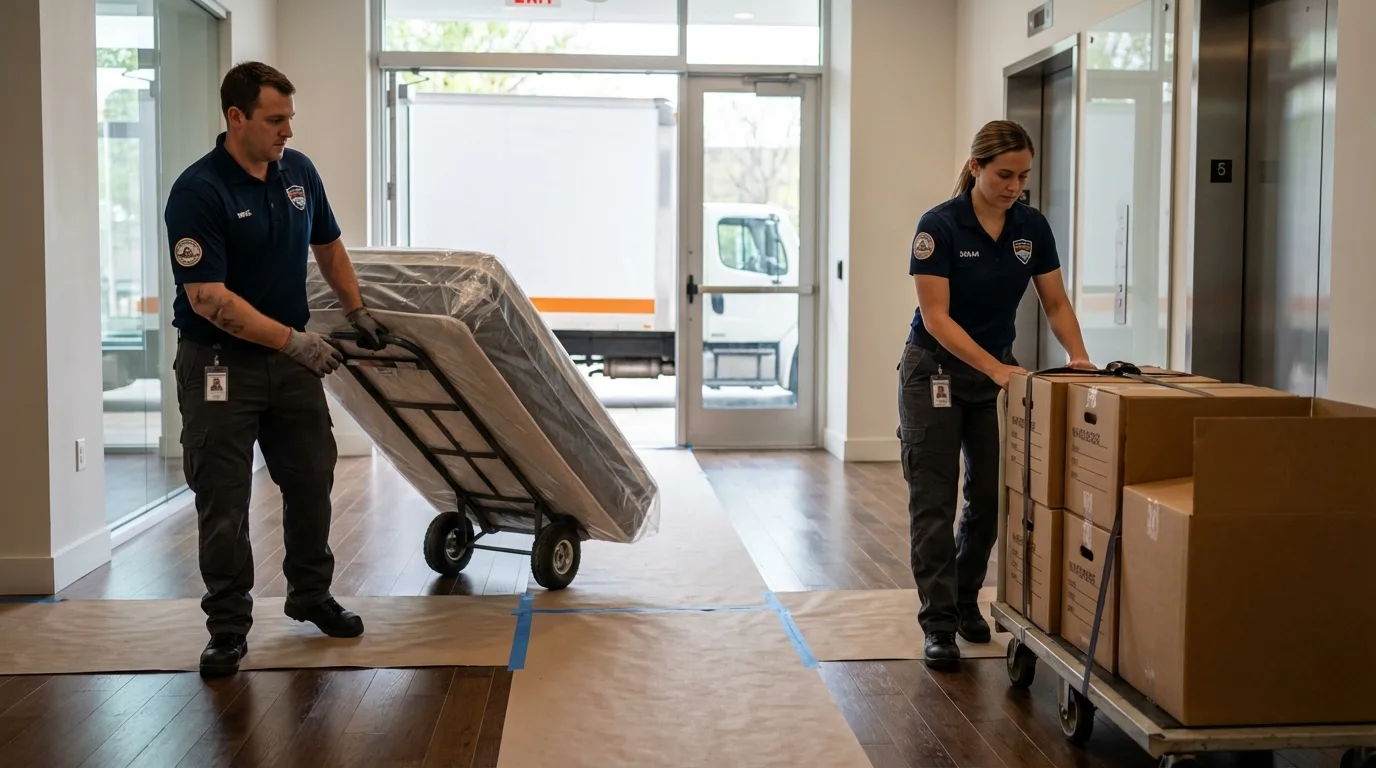 Professional apartment movers loading elevator in Wofford Heights, CA