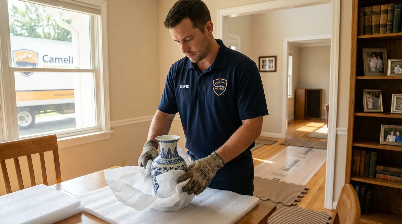 Professional crew carefully wrapping antique vase for senior downsizing move in Wofford Heights, CA